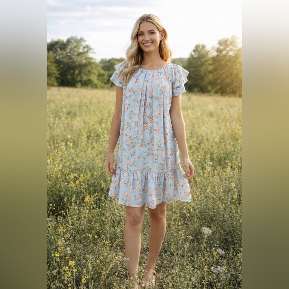 CeCe Dress Medium Women’s Blue Floral Ruffle Short Sleeve Washable NEW $129